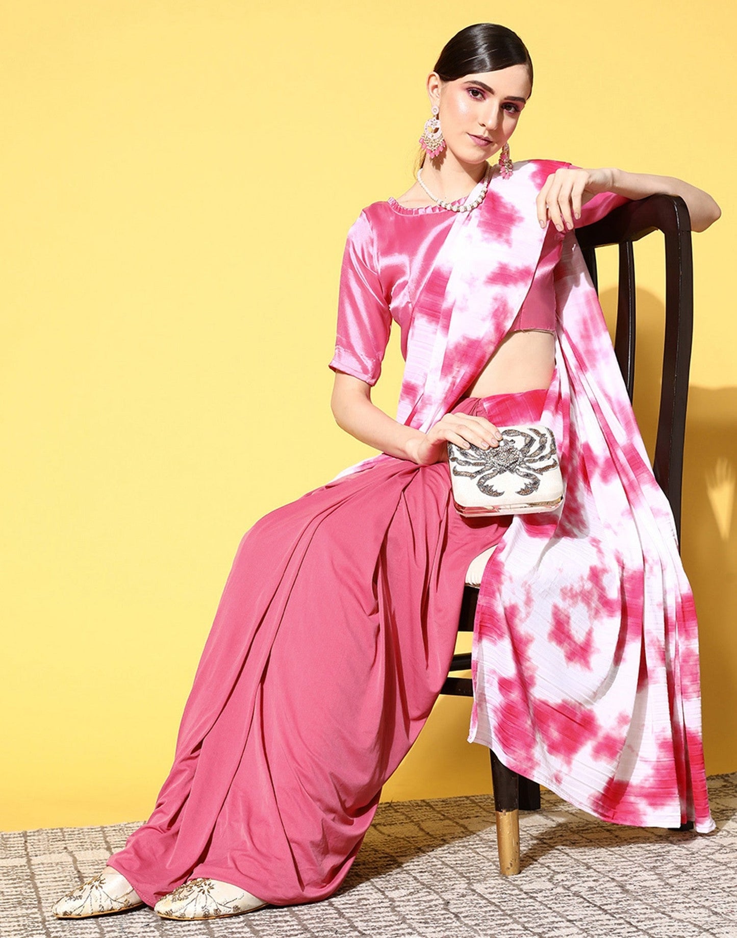 Pink Lycra Pre-Draped Saree With Embellished Border | Leemboodi
