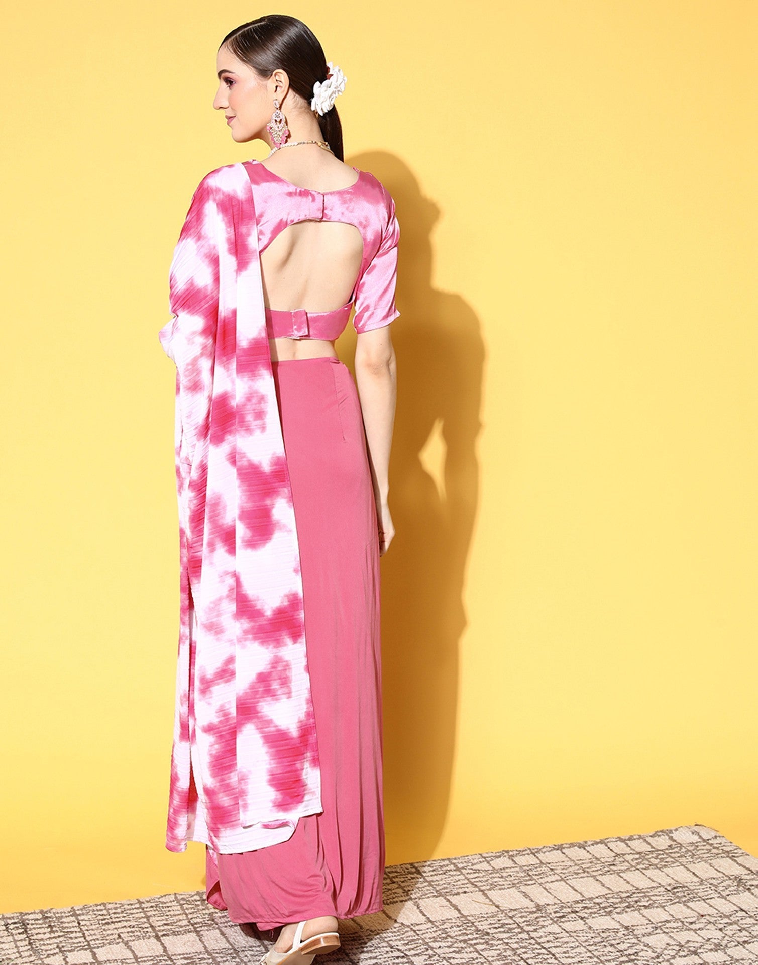 Pink Lycra Pre-Draped Saree With Embellished Border | Leemboodi