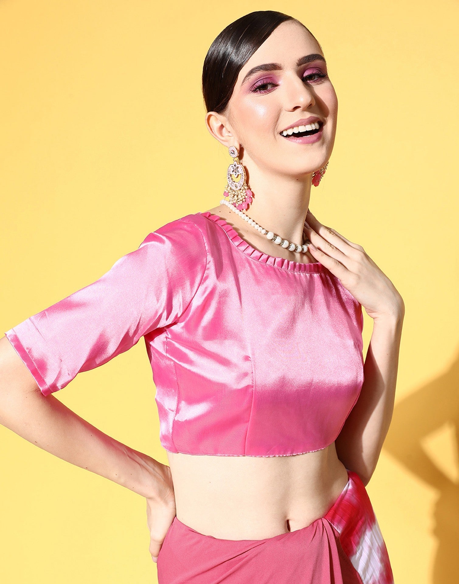 Pink Lycra Pre-Draped Saree With Embellished Border | Leemboodi