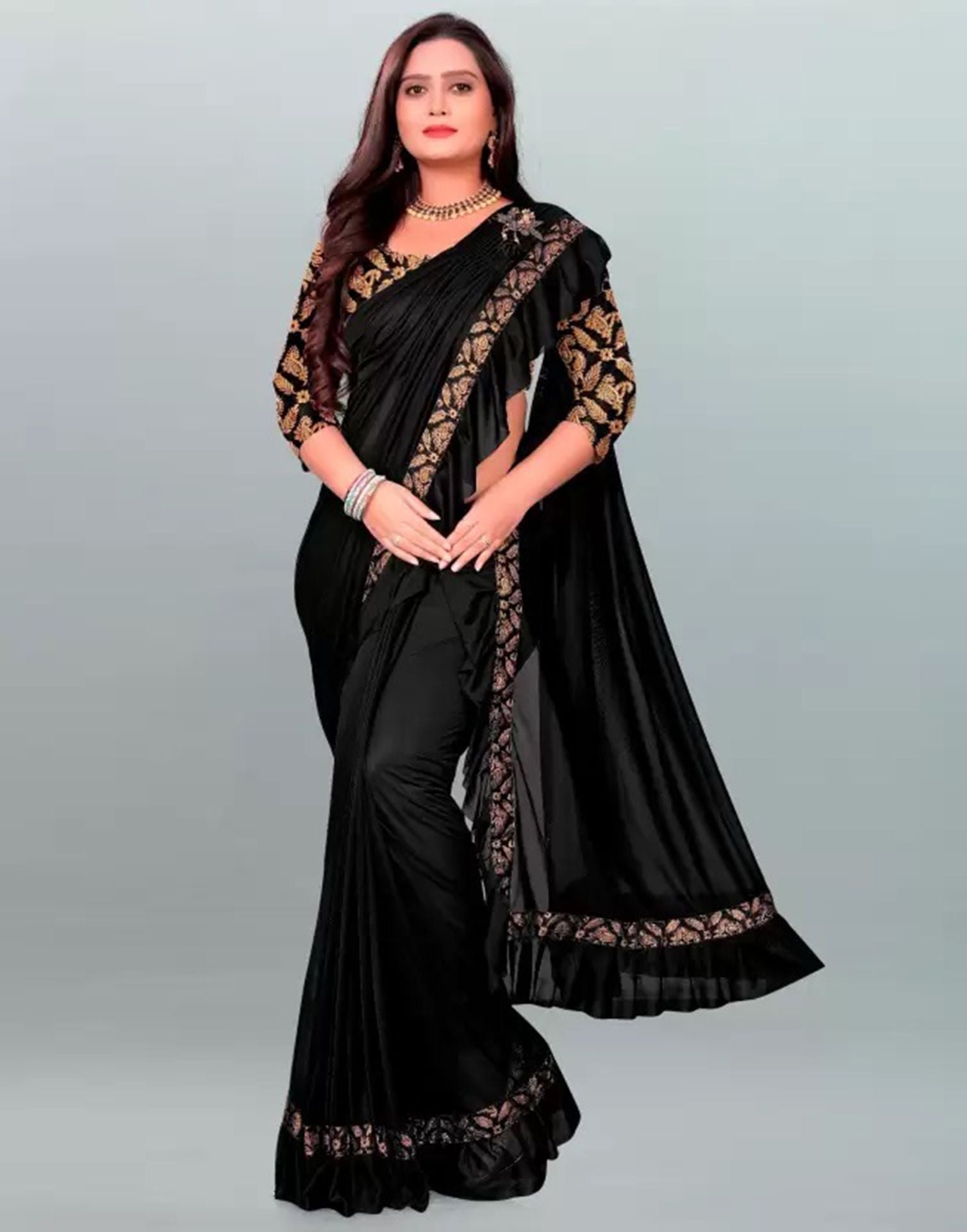Black Plain Pre-draped Saree | Sudathi