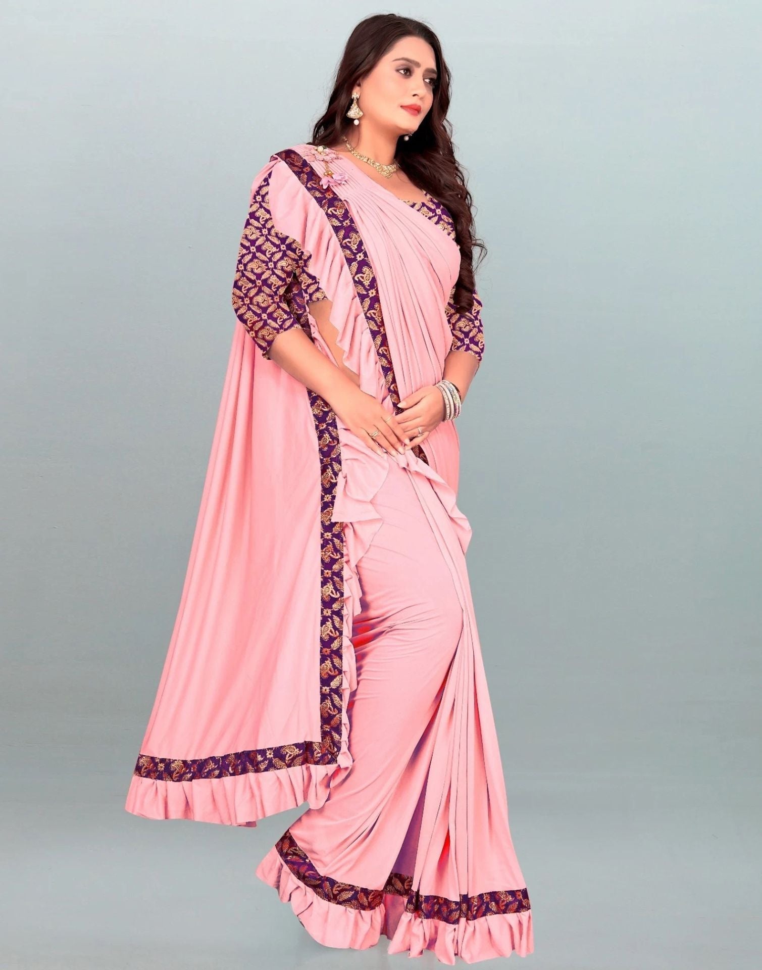 Light Pink Plain Pre-draped Saree | Sudathi