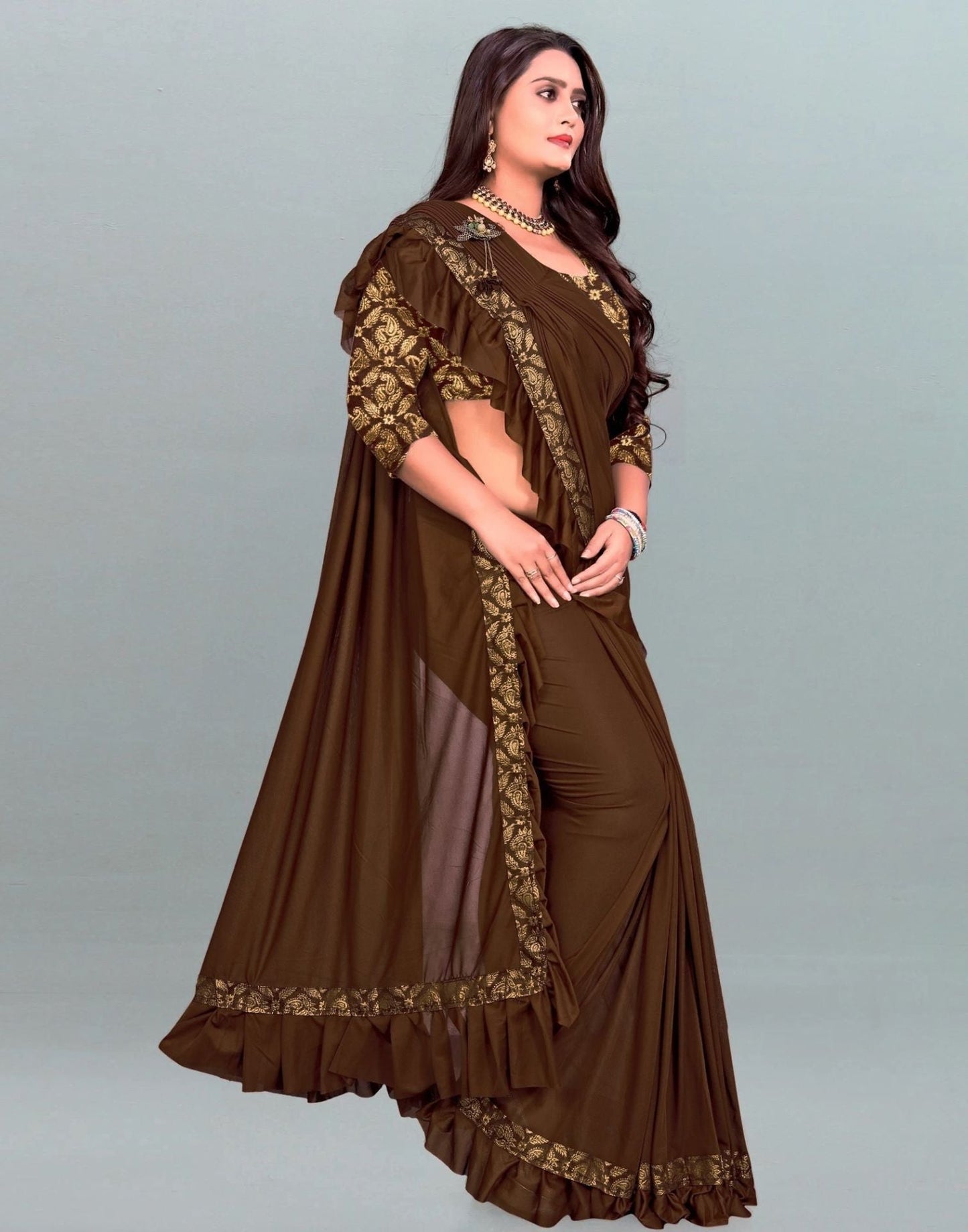 Brown Plain Pre-draped Saree | Sudathi