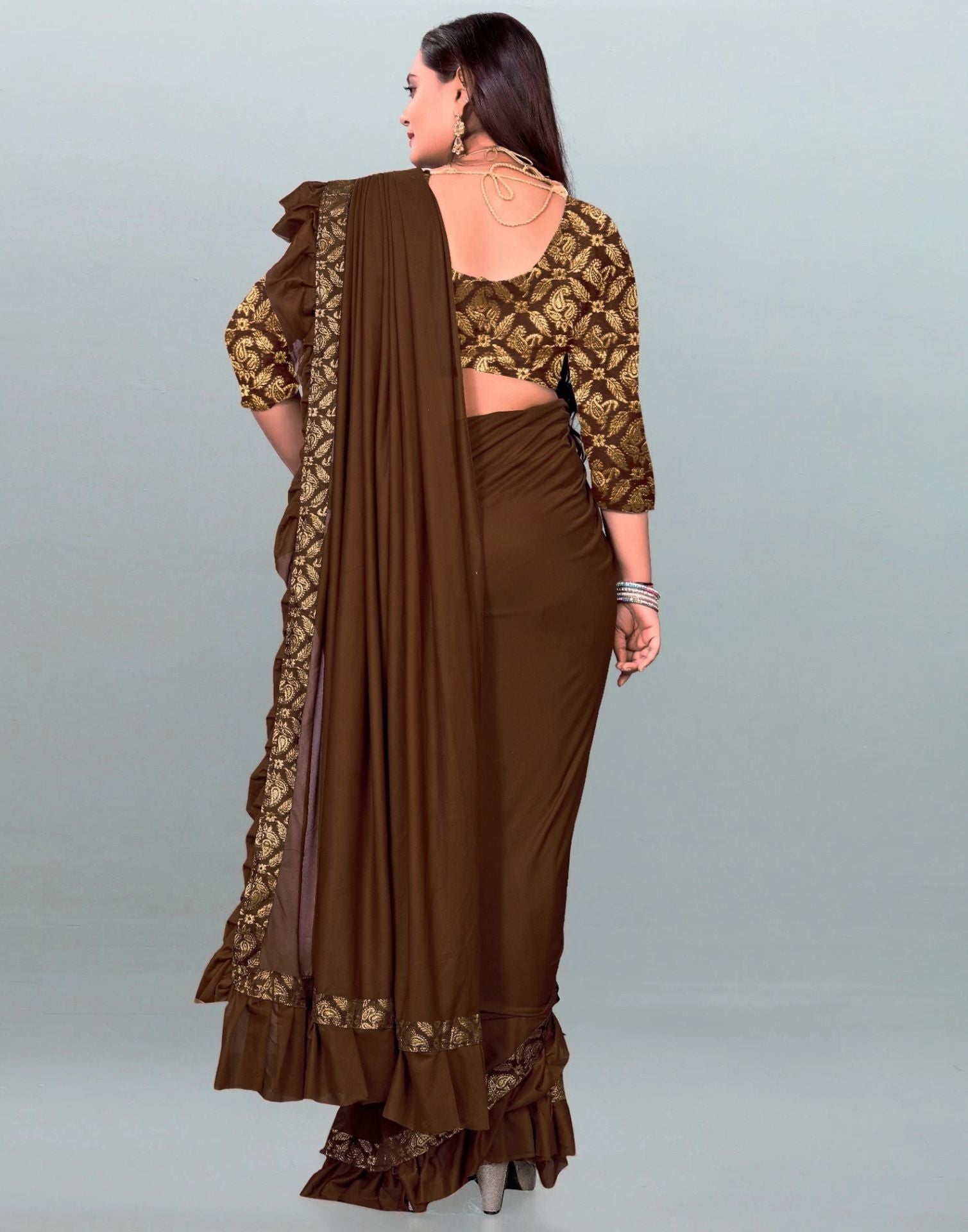 Brown Plain Pre-draped Saree | Sudathi