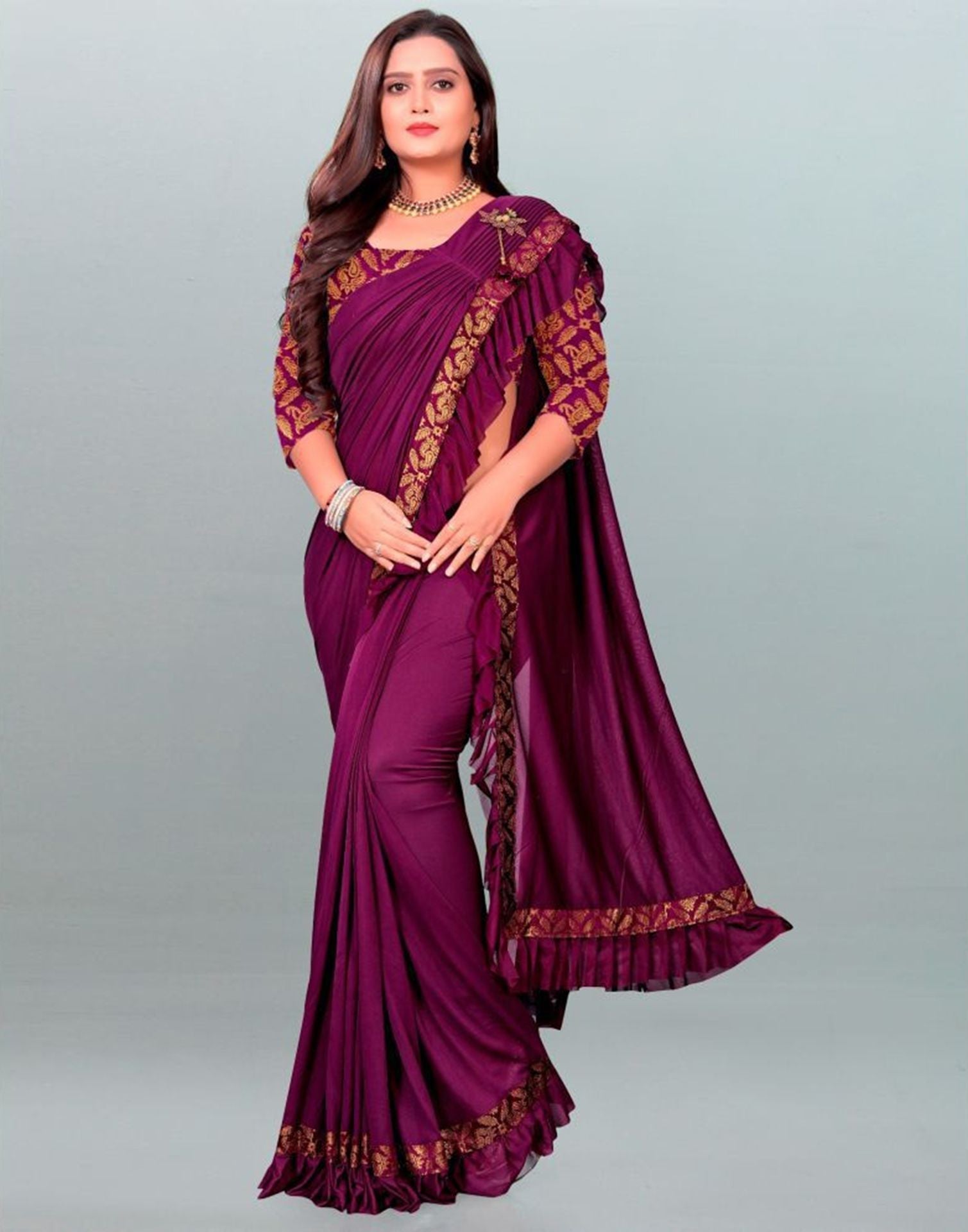 Purple Plain Pre-draped Saree | Sudathi