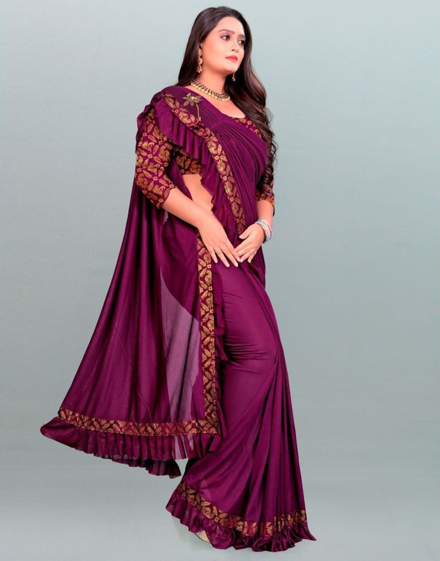 Purple Plain Pre-draped Saree | Sudathi
