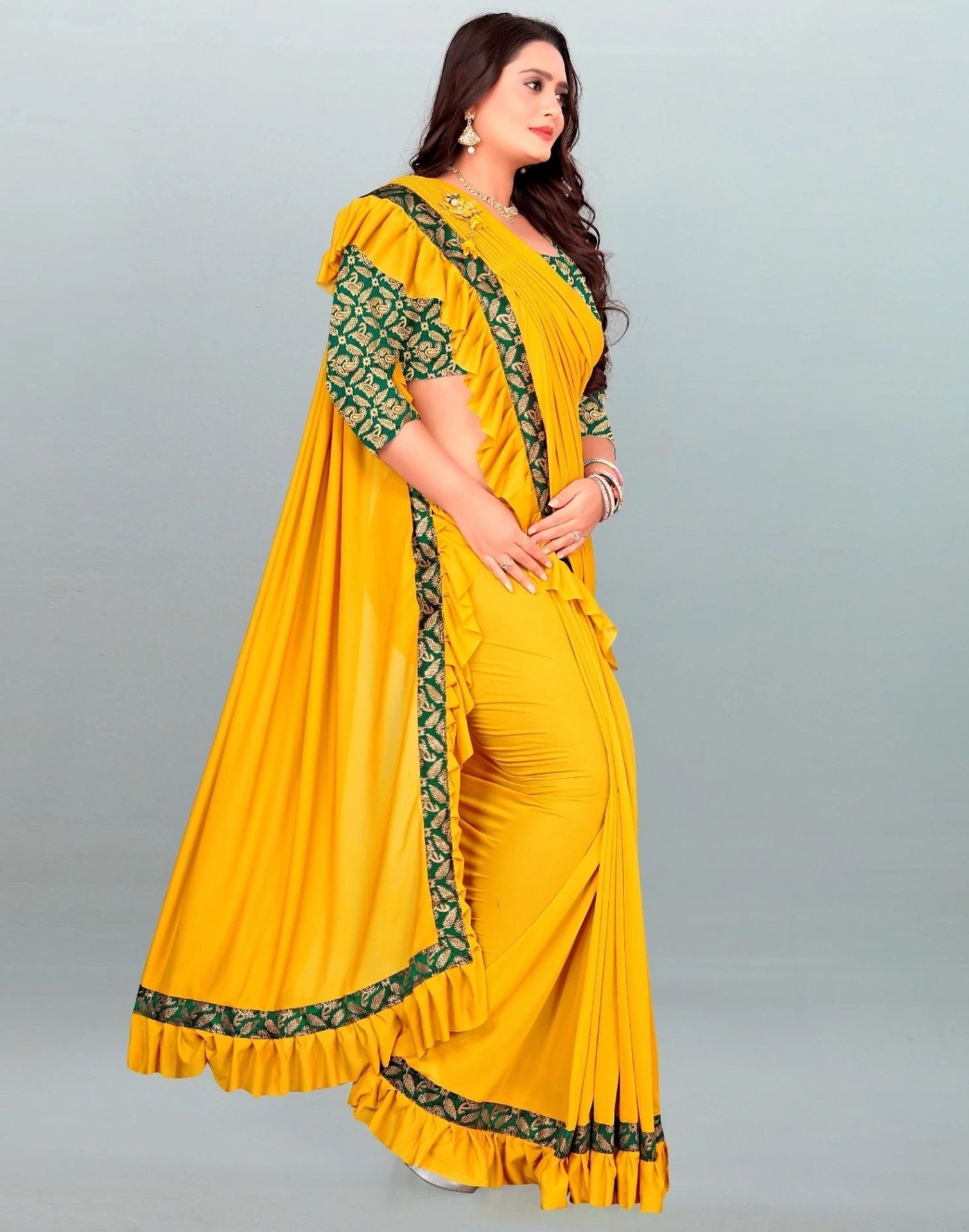 Yellow Plain Pre-draped Saree | Sudathi