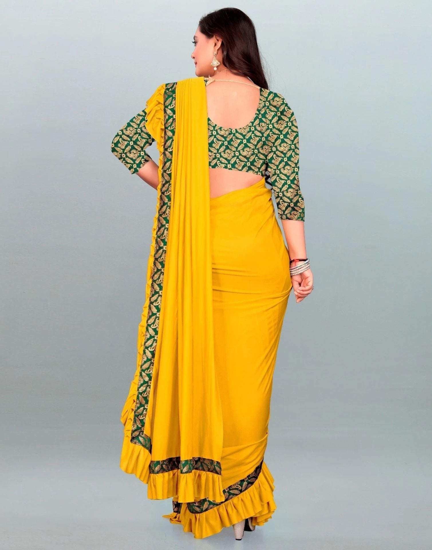 Yellow Plain Pre-draped Saree | Sudathi