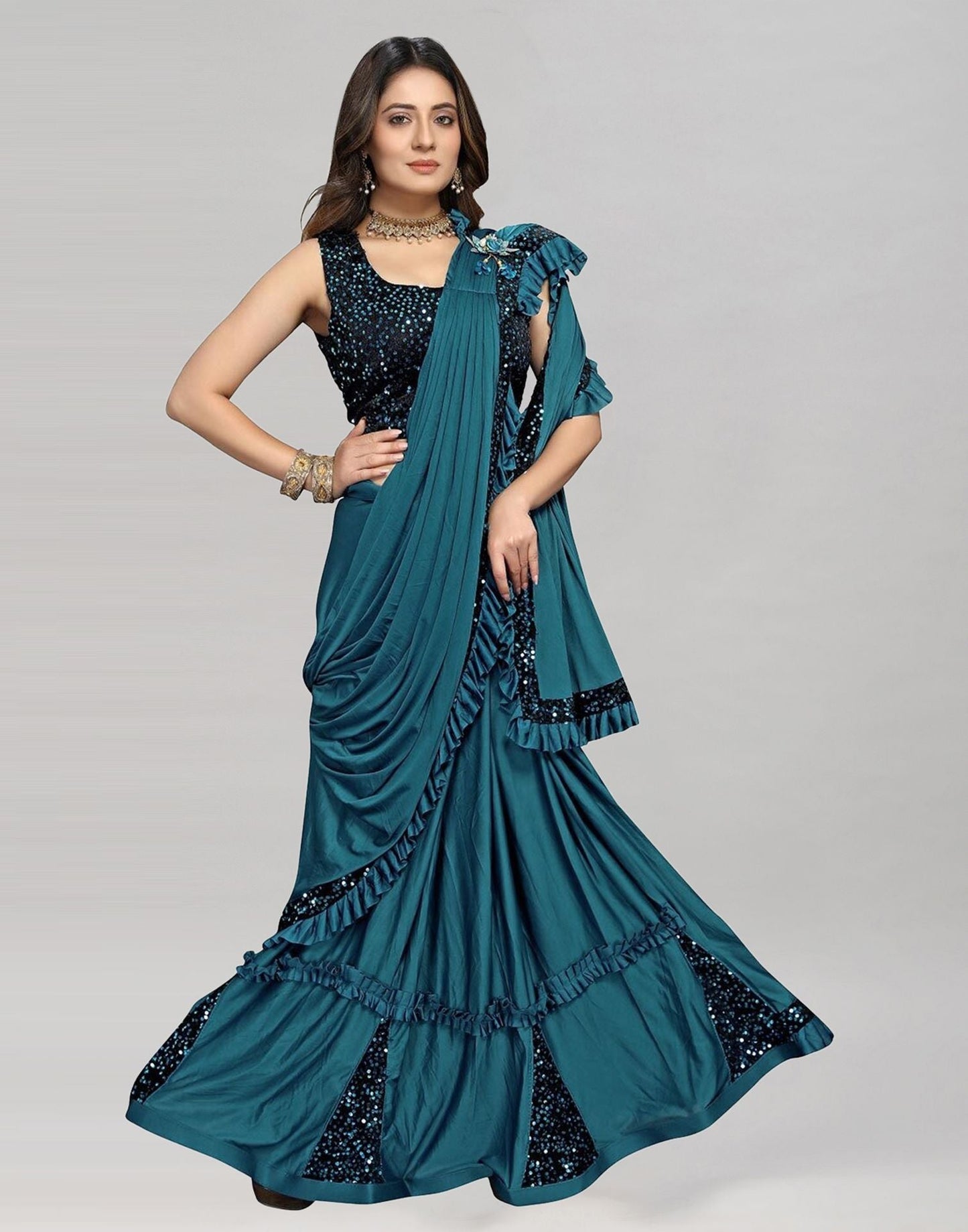 Steel Blue Plain Pre-draped Saree | Leemboodi