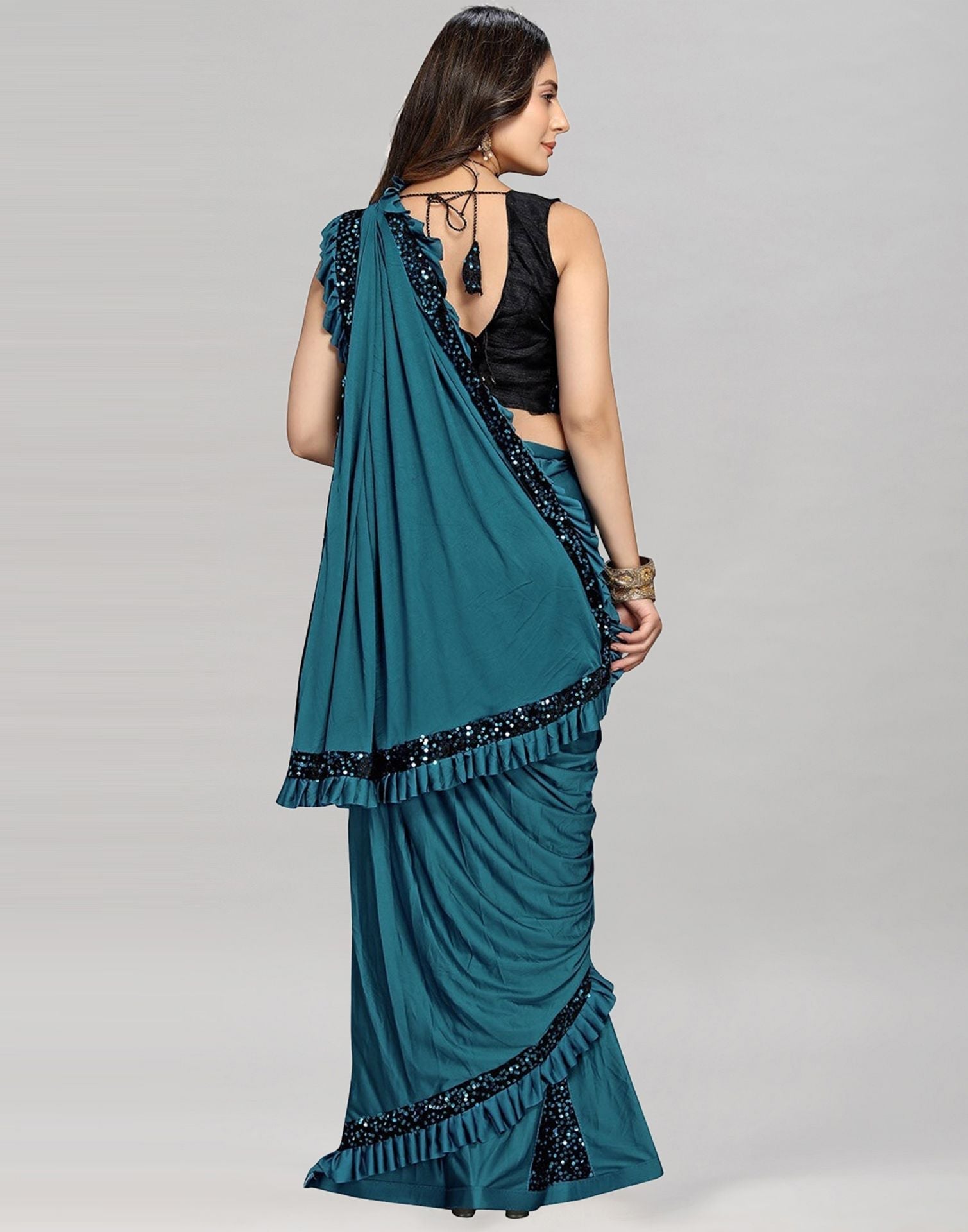Steel Blue Plain Pre-draped Saree | Leemboodi