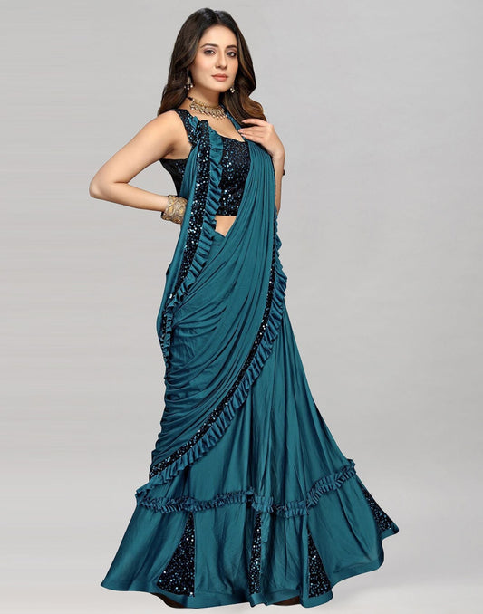 Steel Blue Plain Pre-draped Saree | Leemboodi