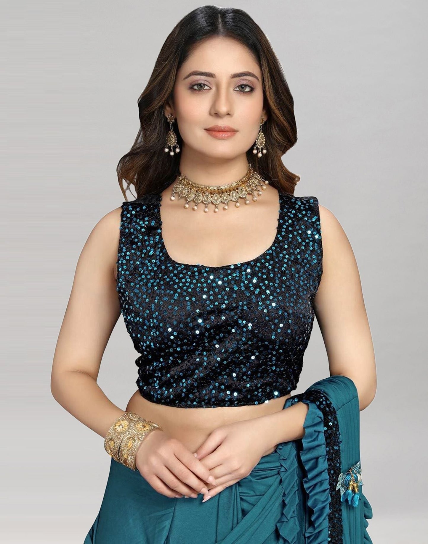 Steel Blue Plain Pre-draped Saree | Leemboodi