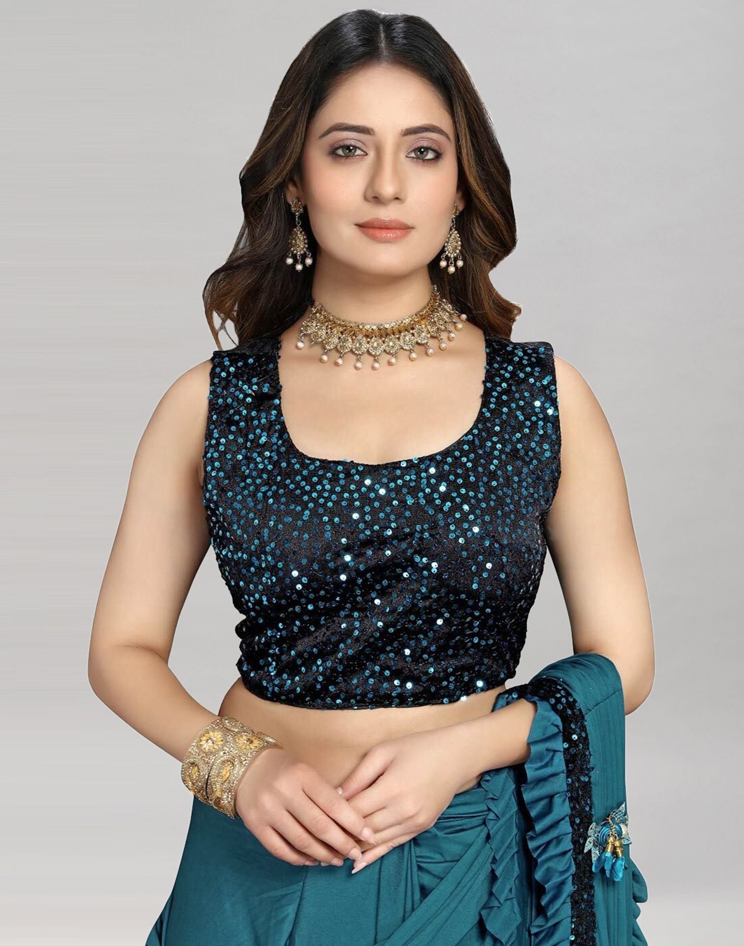 Steel Blue Plain Pre-draped Saree | Leemboodi