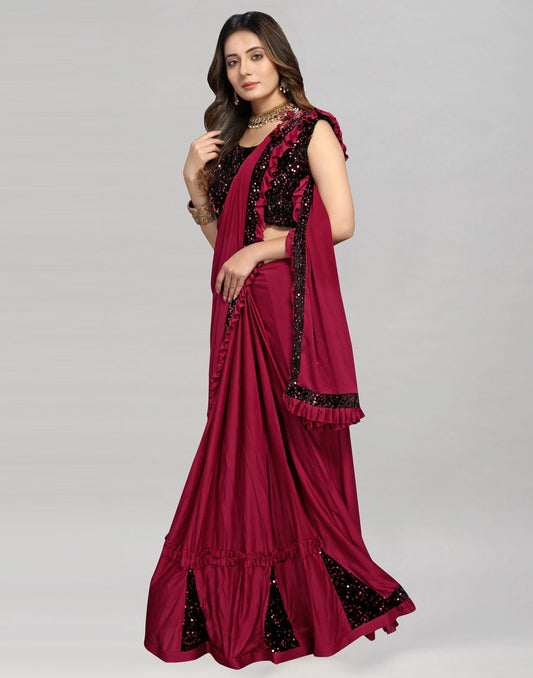 Maroon Plain Pre-draped Saree | Sudathi
