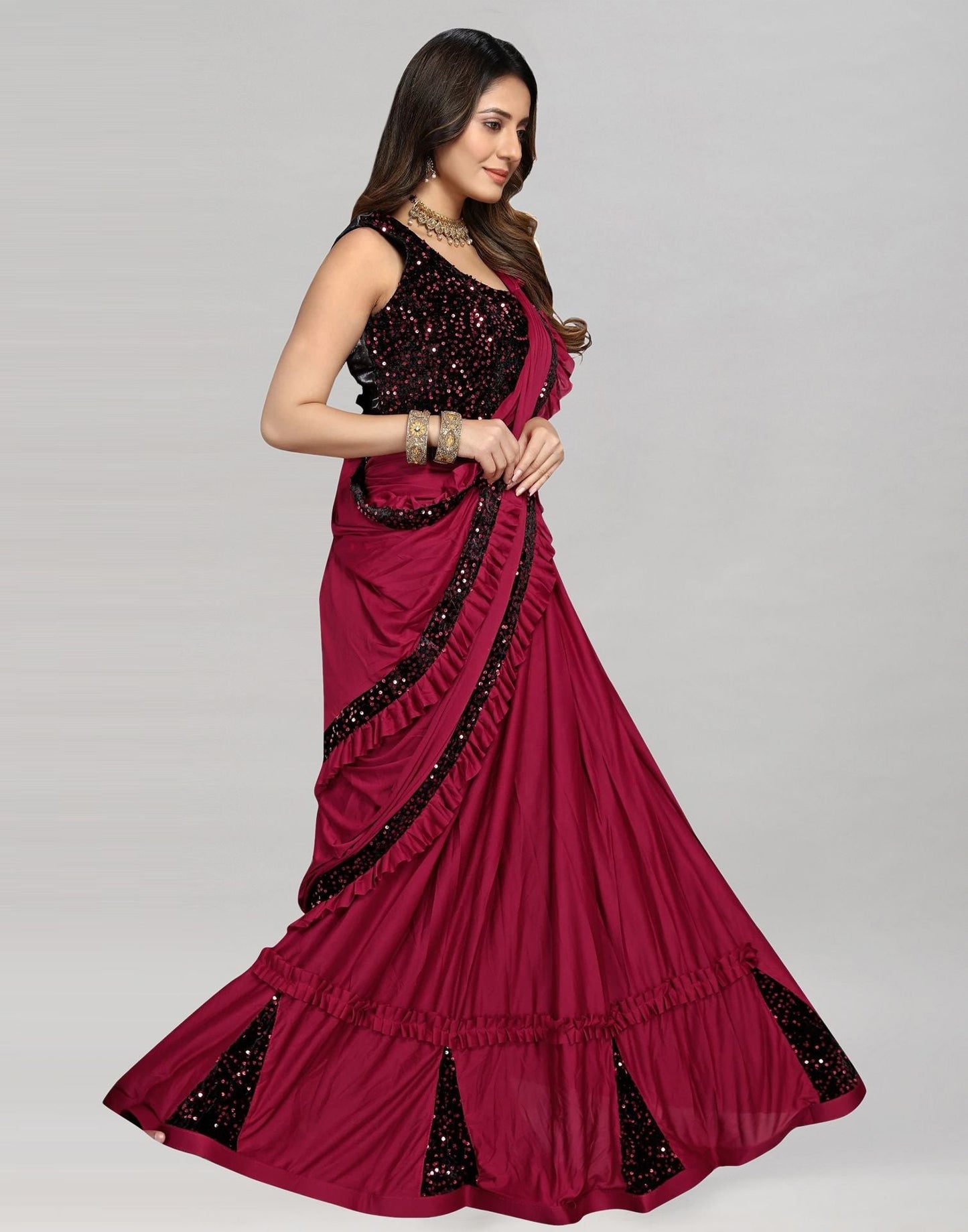 Maroon Plain Pre-draped Saree | Sudathi