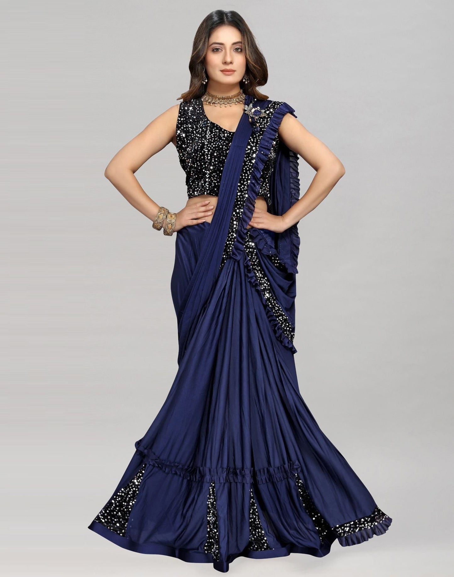 Blue Plain Pre-draped Saree | Leemboodi