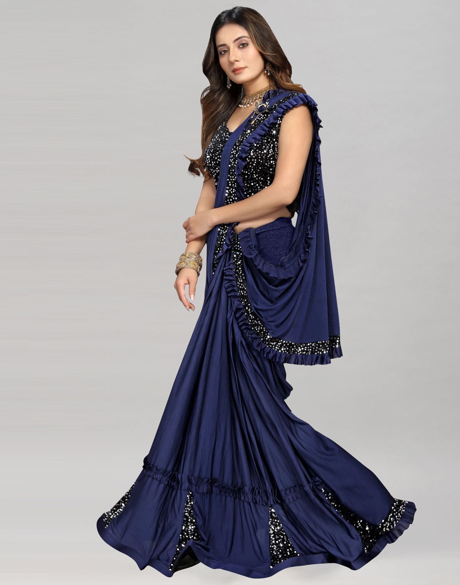 Blue Plain Pre-draped Saree | Leemboodi