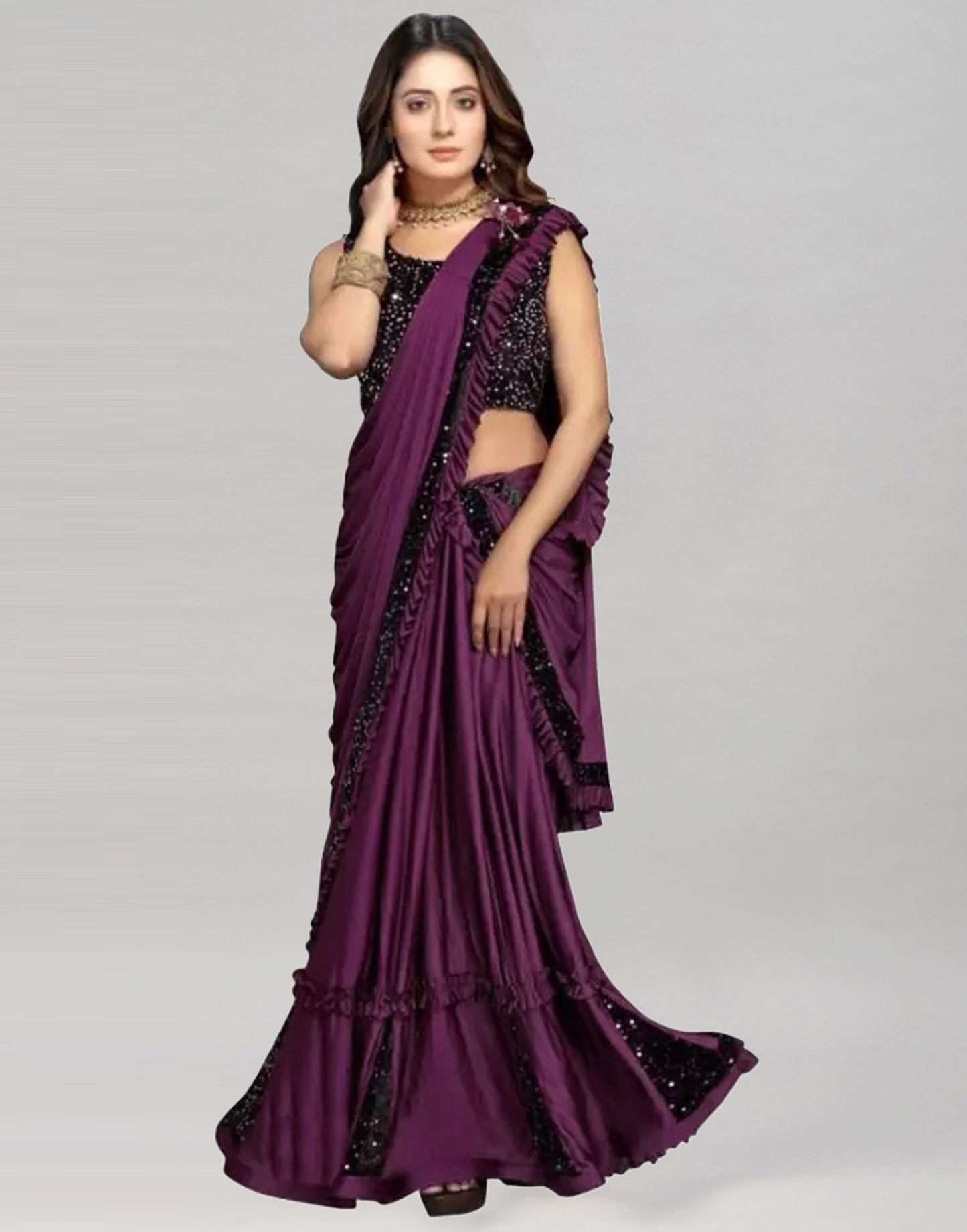 Wine Plain Pre-draped Saree | Leemboodi