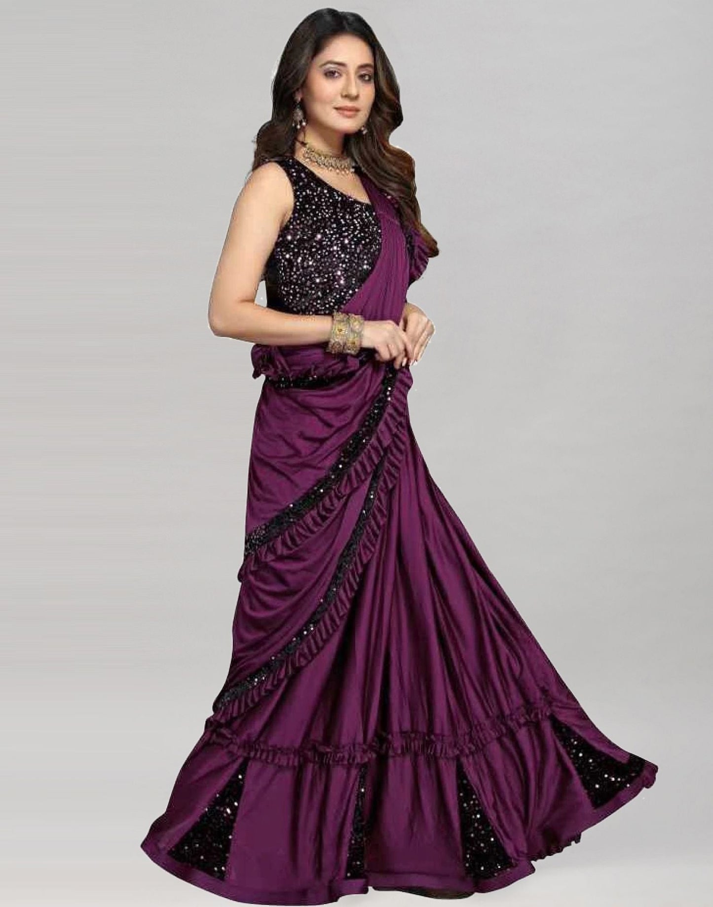 Wine Plain Pre-draped Saree | Leemboodi
