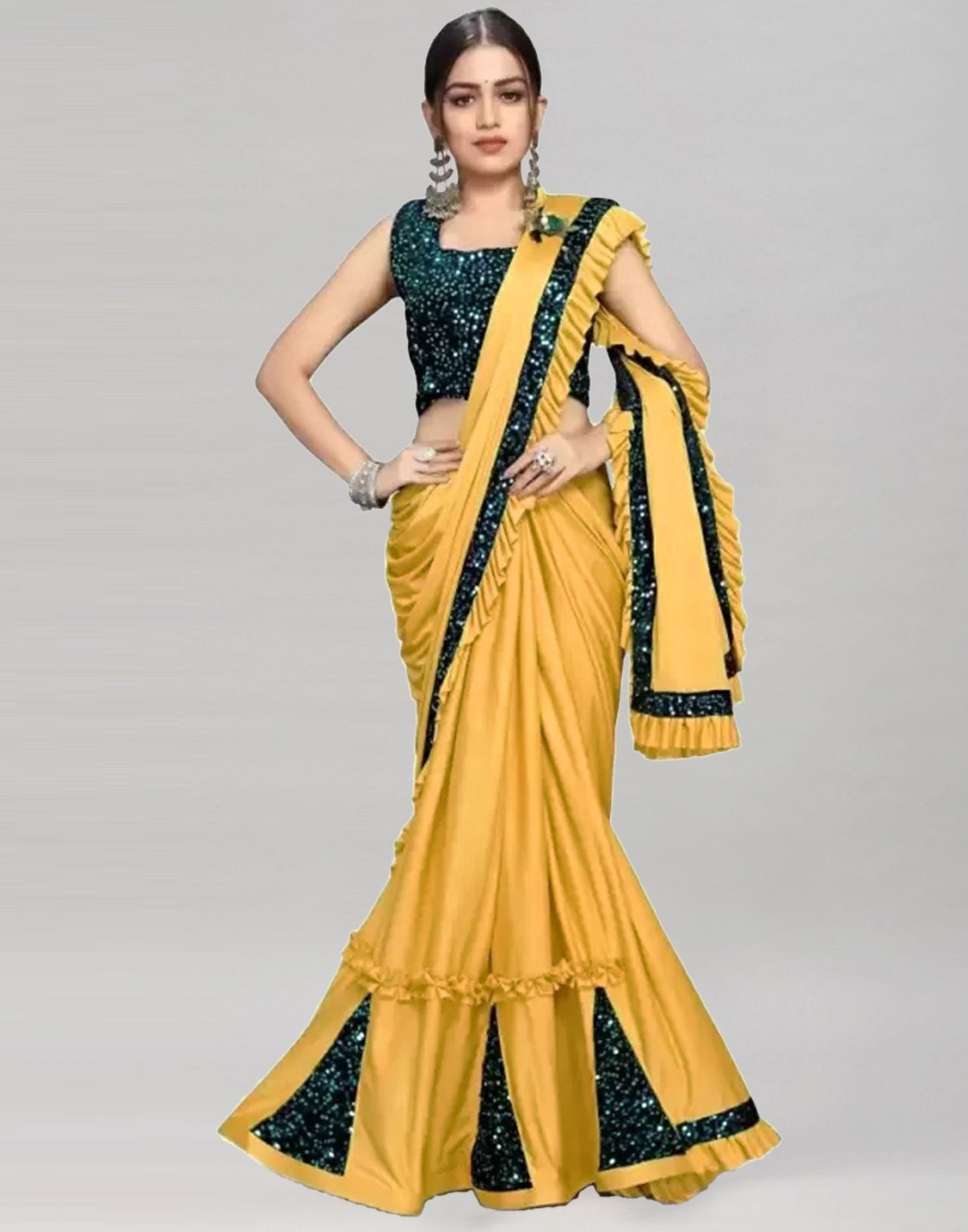 Mustard Yellow Plain Pre-draped Saree | Sudathi