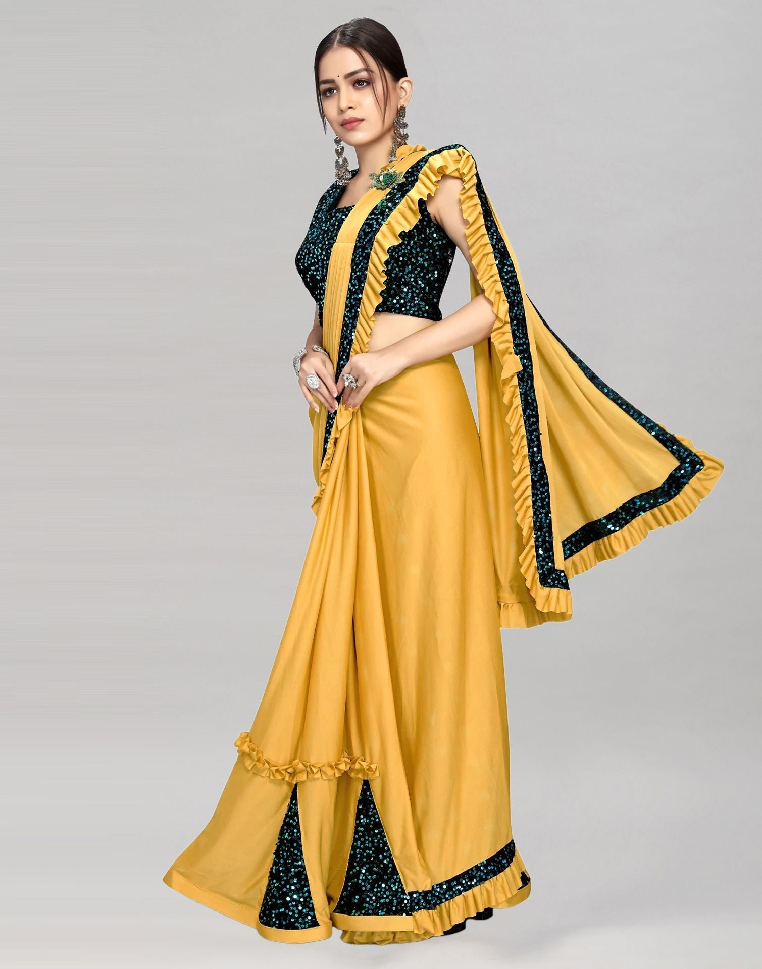 Mustard Yellow Plain Pre-draped Saree | Sudathi
