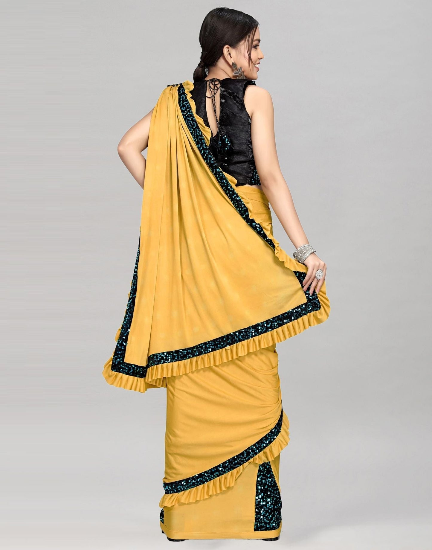 Mustard Yellow Plain Pre-draped Saree | Sudathi