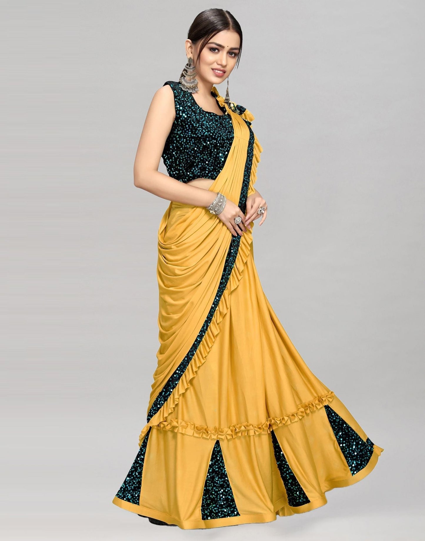 Mustard Yellow Plain Pre-draped Saree | Sudathi