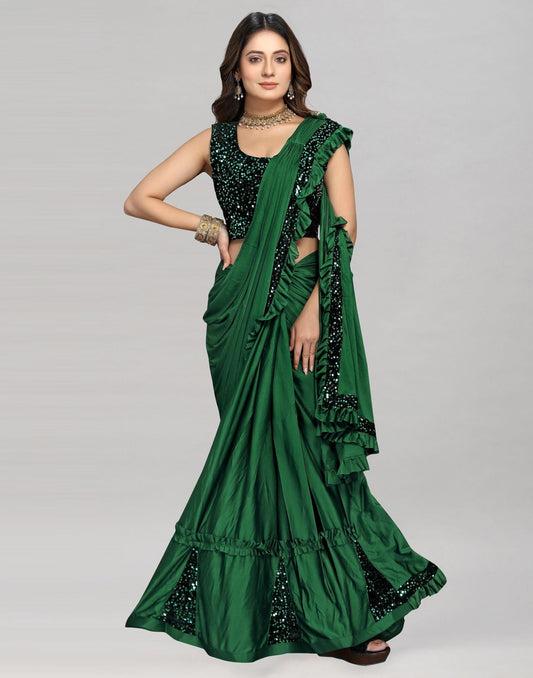 Green Plain Pre-draped Saree | Sudathi