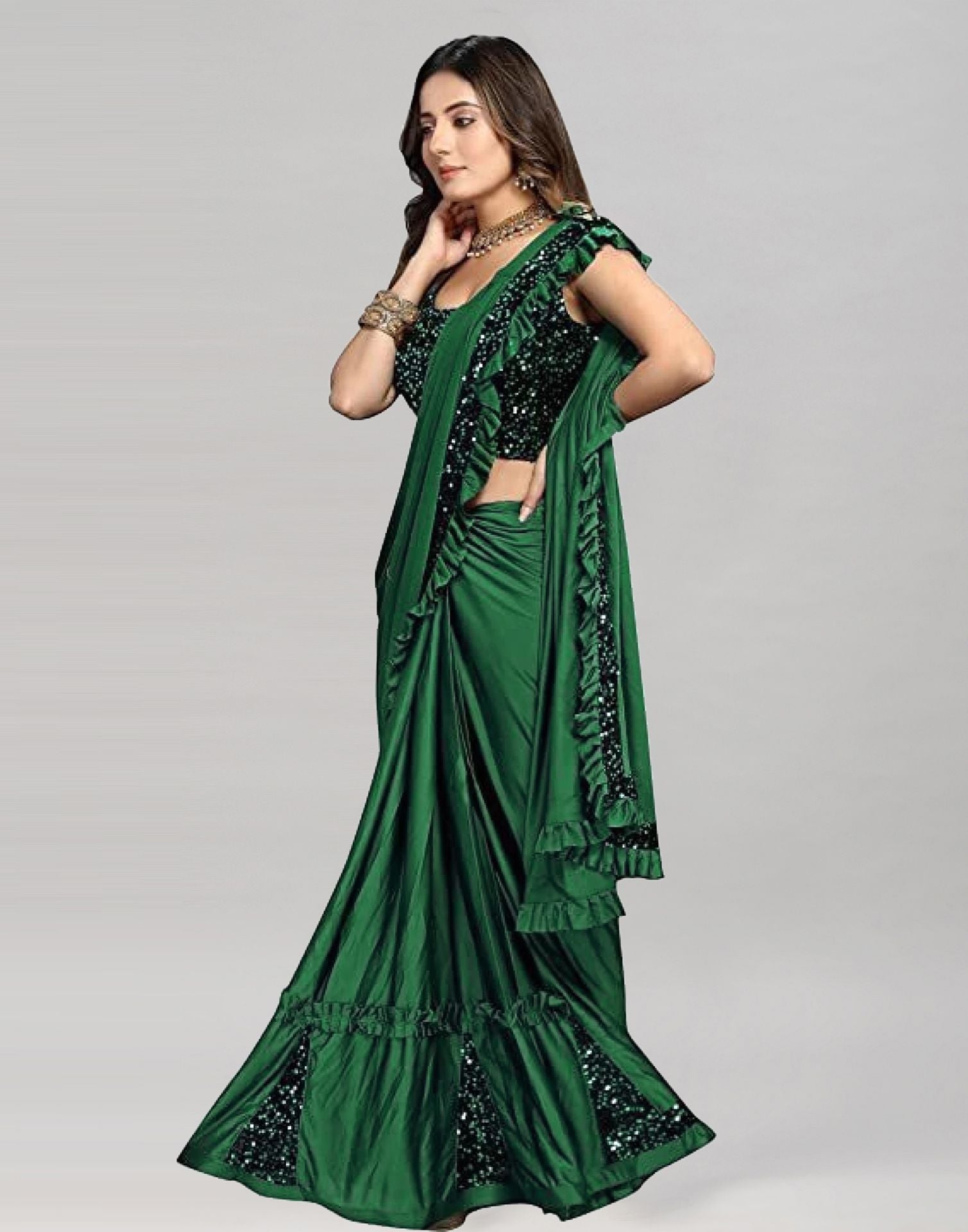 Green Plain Pre-draped Saree | Sudathi