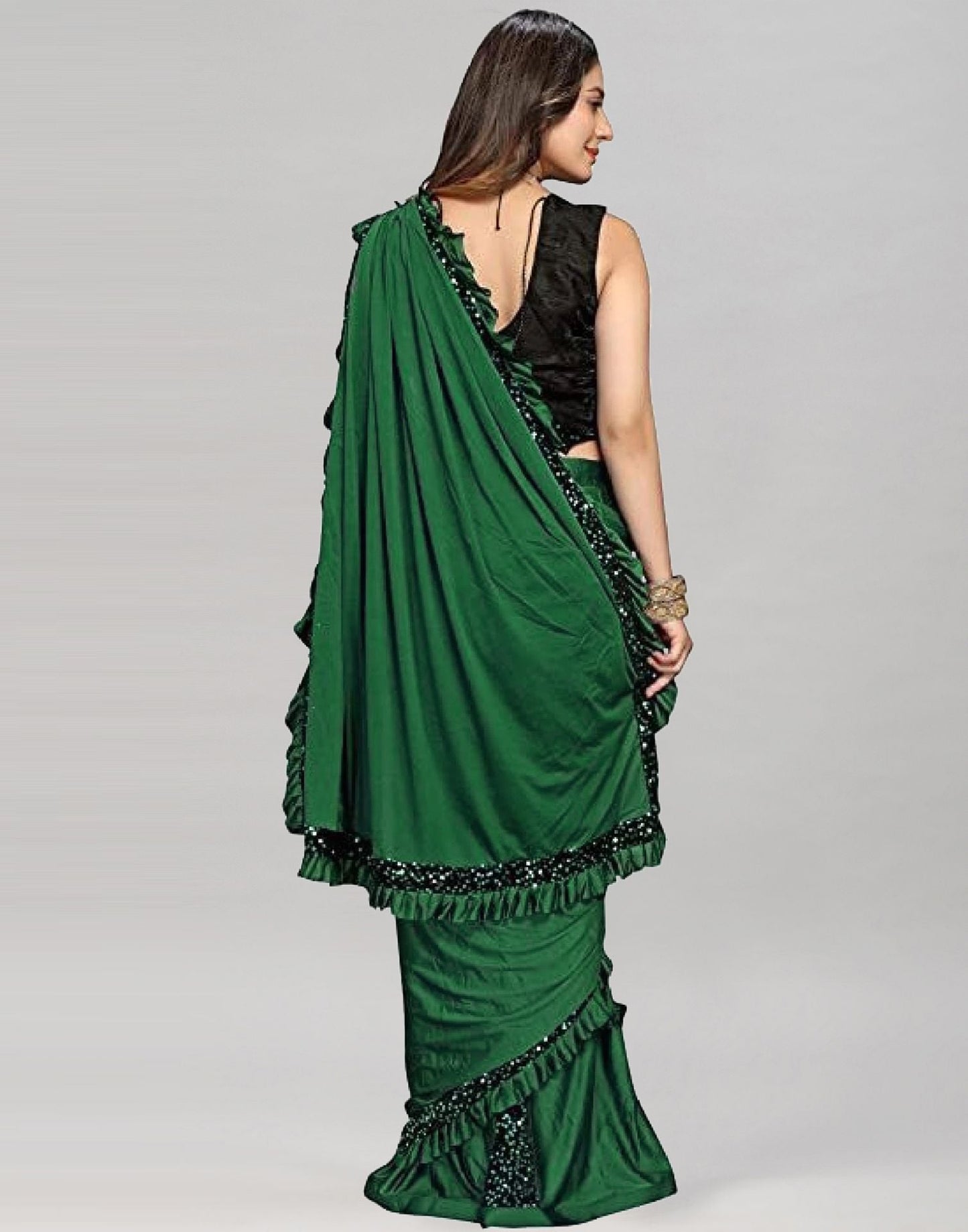 Green Plain Pre-draped Saree | Sudathi