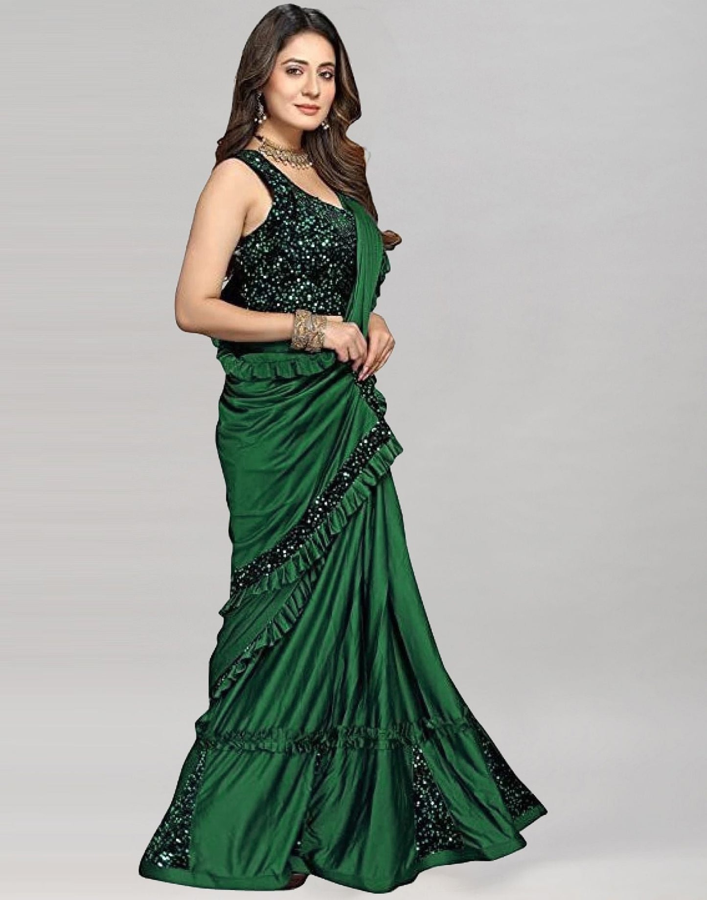 Green Plain Pre-draped Saree | Sudathi