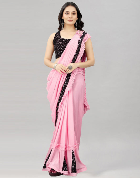 Light Pink Plain Pre-draped Saree | Leemboodi