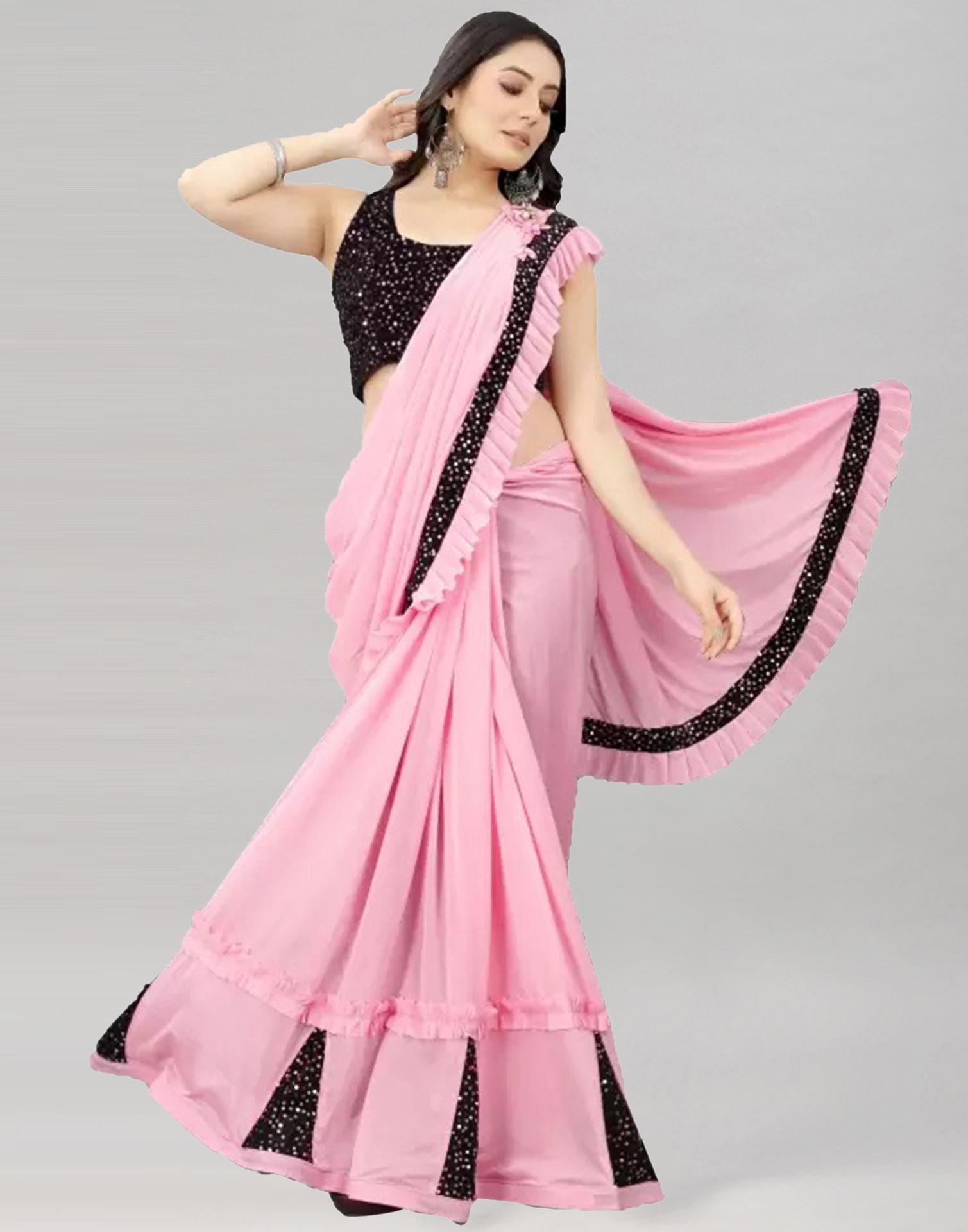 Light Pink Plain Pre-draped Saree | Leemboodi