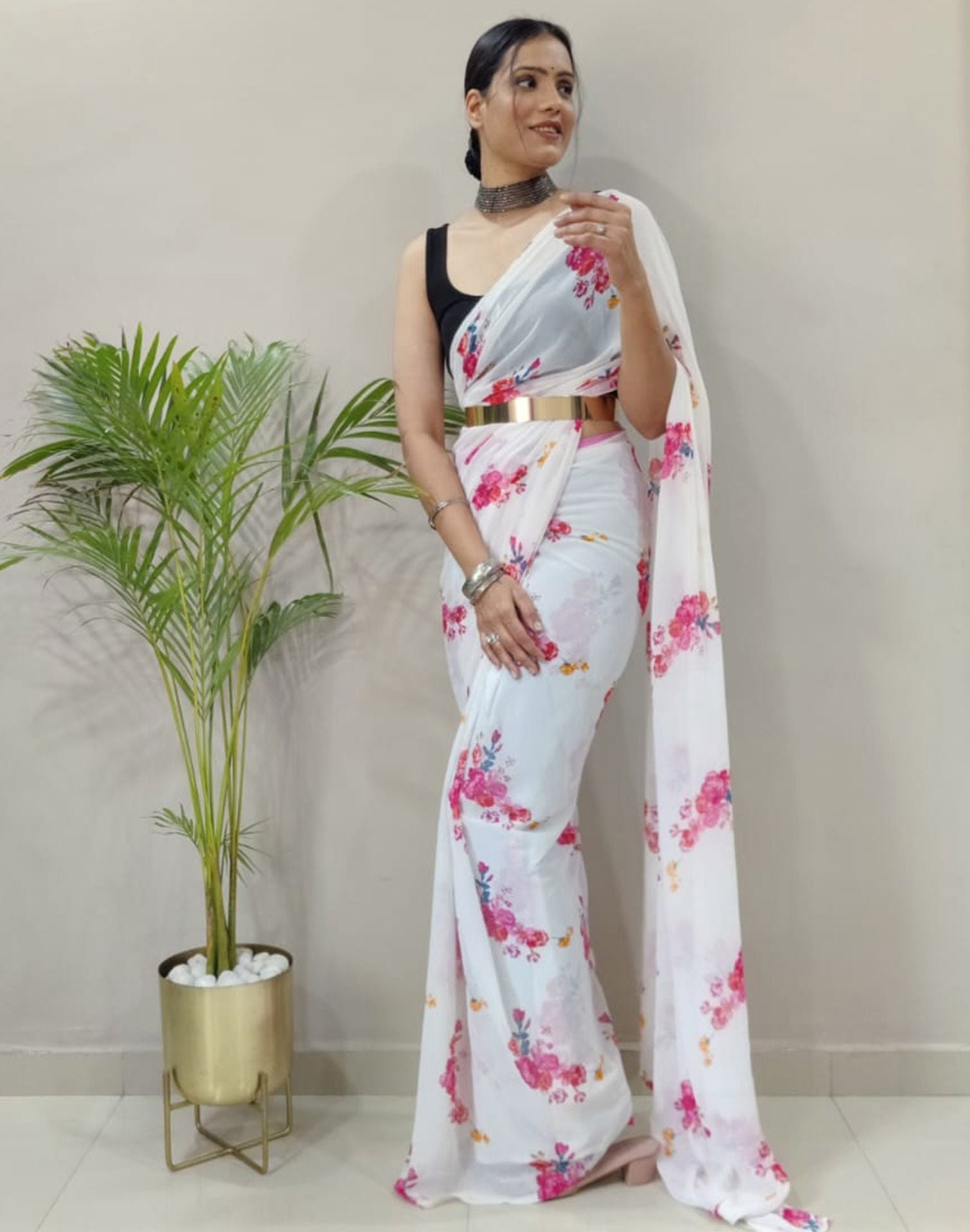 White Printed Pre-draped Saree | Sudathi