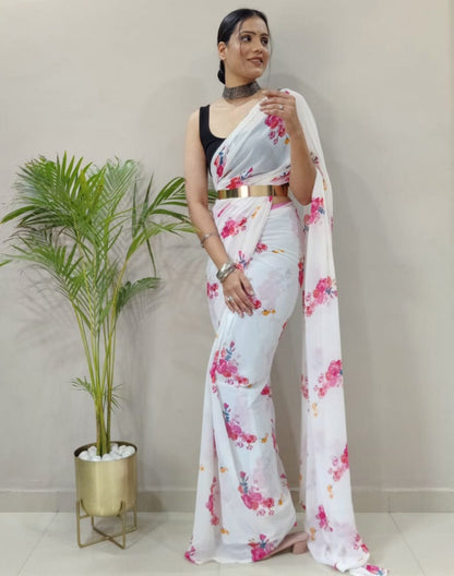 White Printed Pre-draped Saree | Sudathi