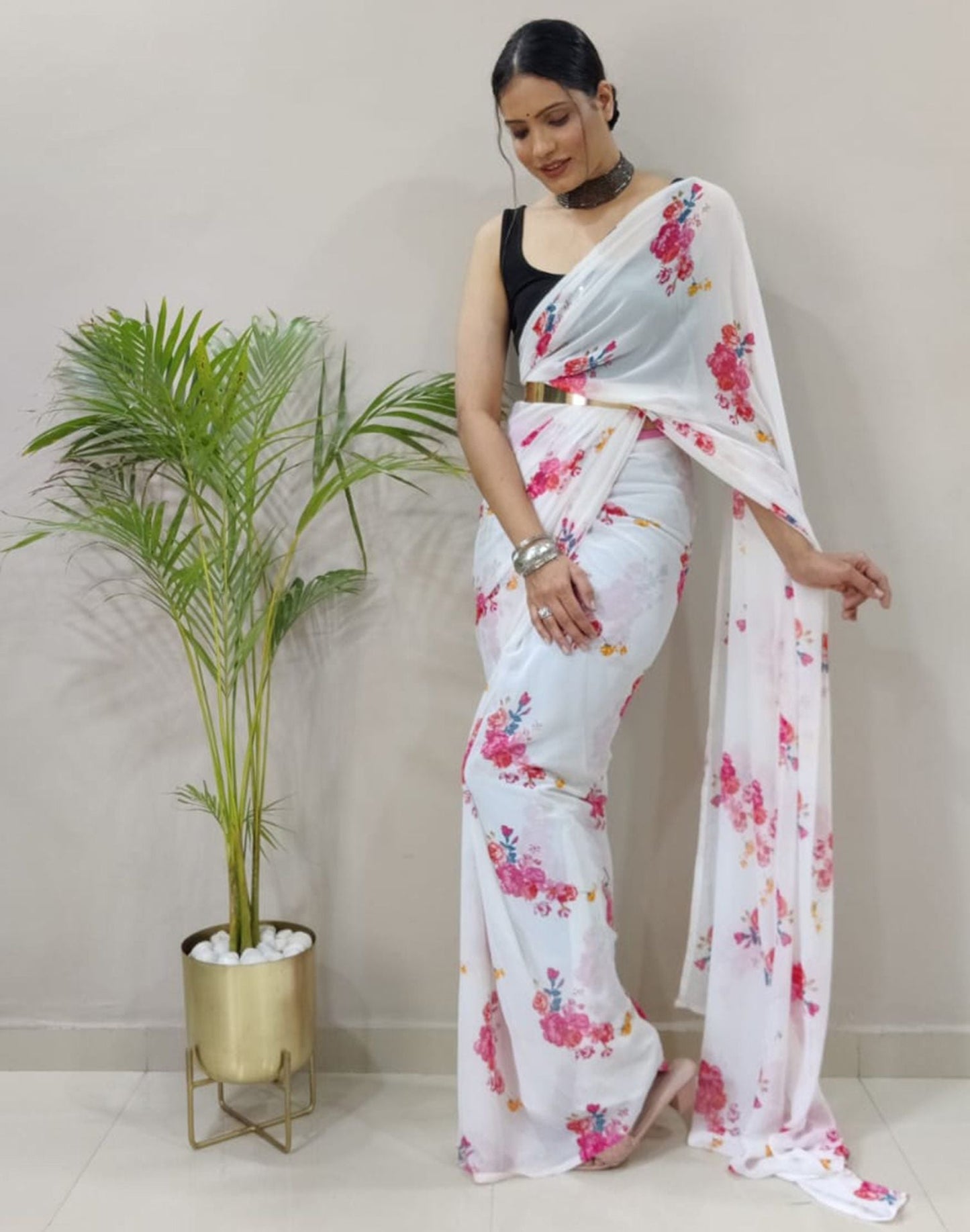 White Printed Pre-draped Saree | Sudathi