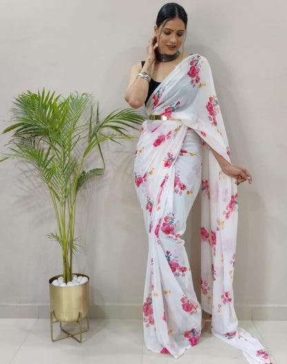 White Printed Pre-draped Saree | Sudathi