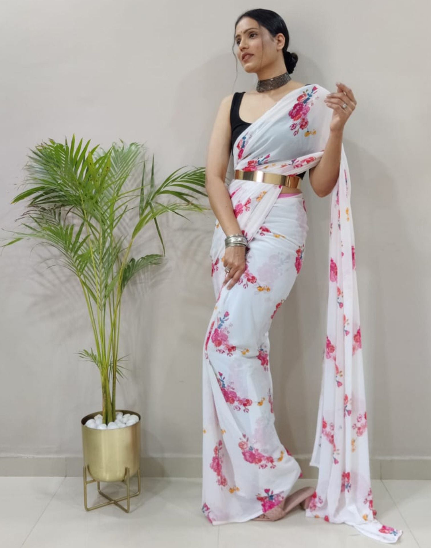 White Printed Pre-draped Saree | Sudathi