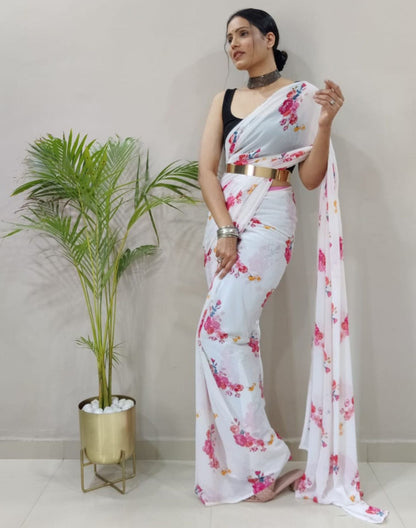 White Printed Pre-draped Saree | Sudathi