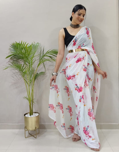 White Printed Pre-draped Saree | Sudathi