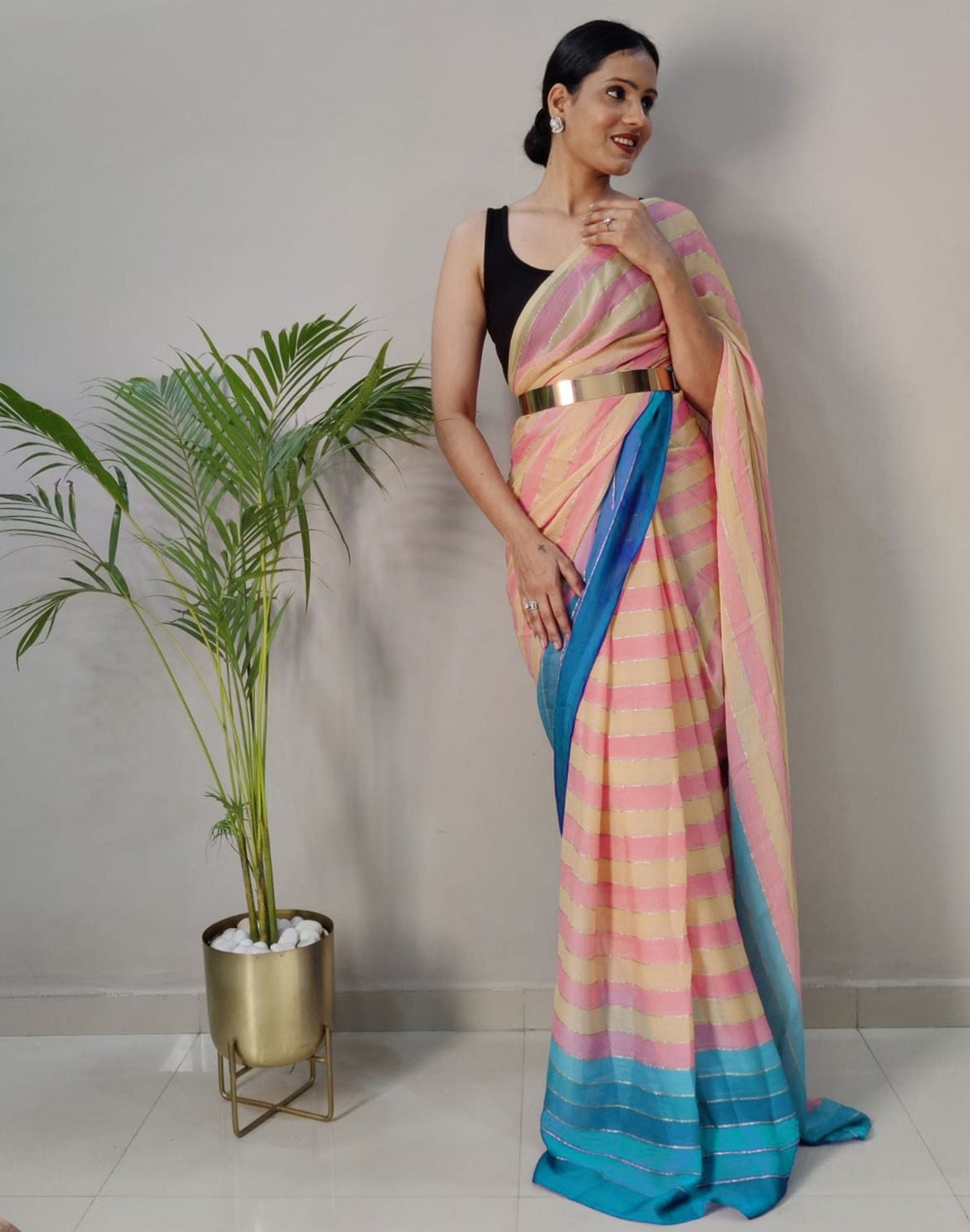 Light Pink Printed Pre-draped Saree | Sudathi