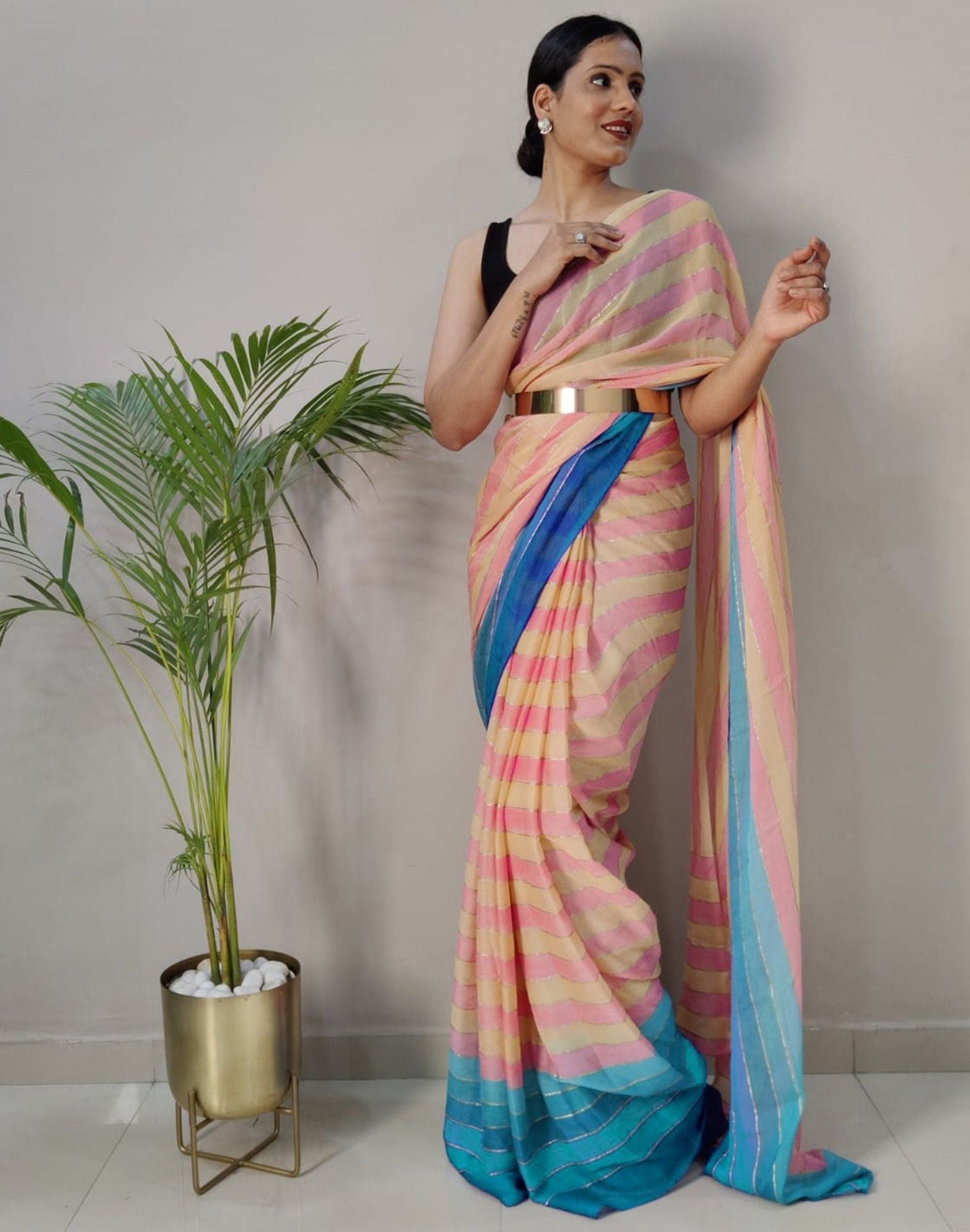 Light Pink Printed Pre-draped Saree | Sudathi