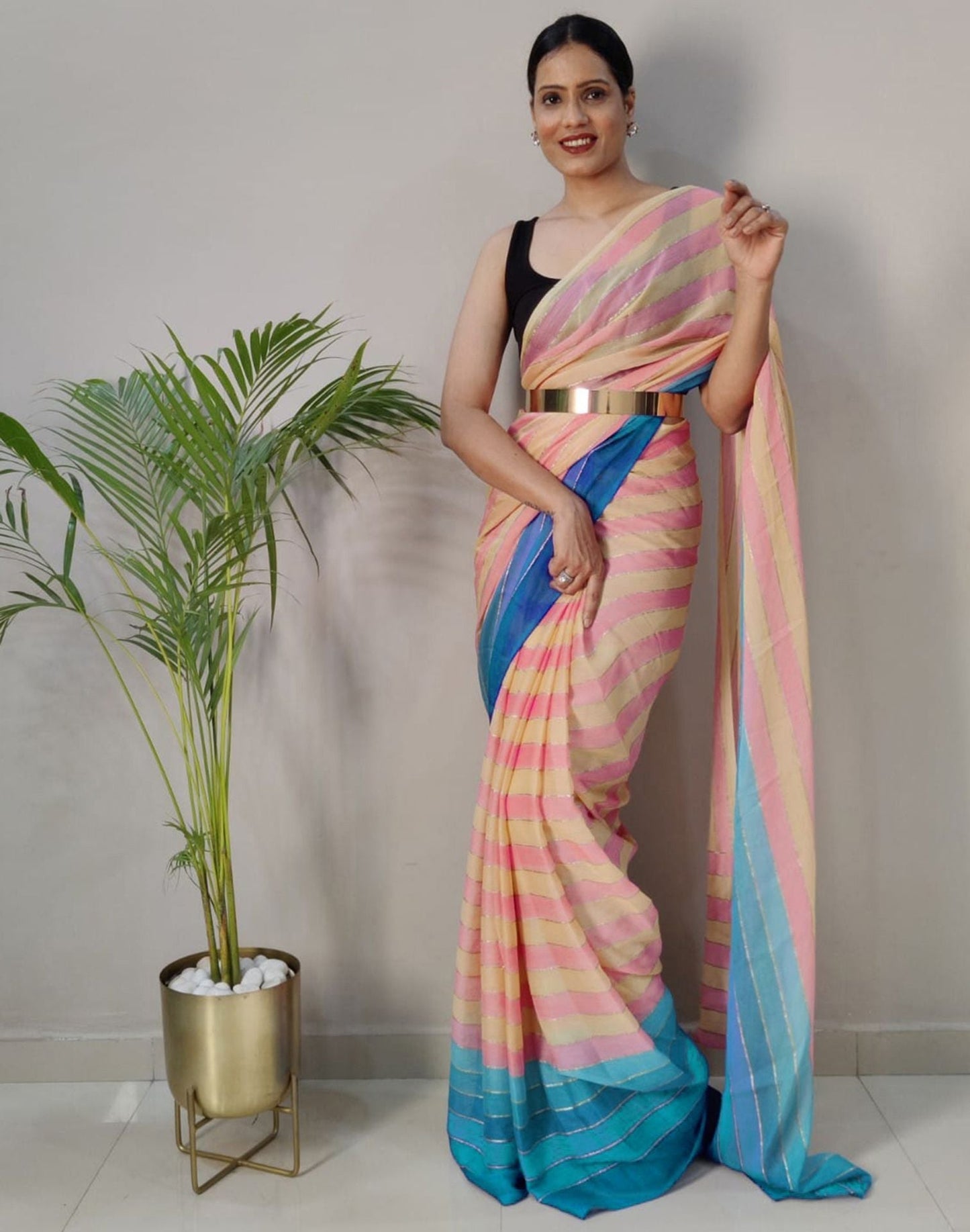 Light Pink Printed Pre-draped Saree | Sudathi