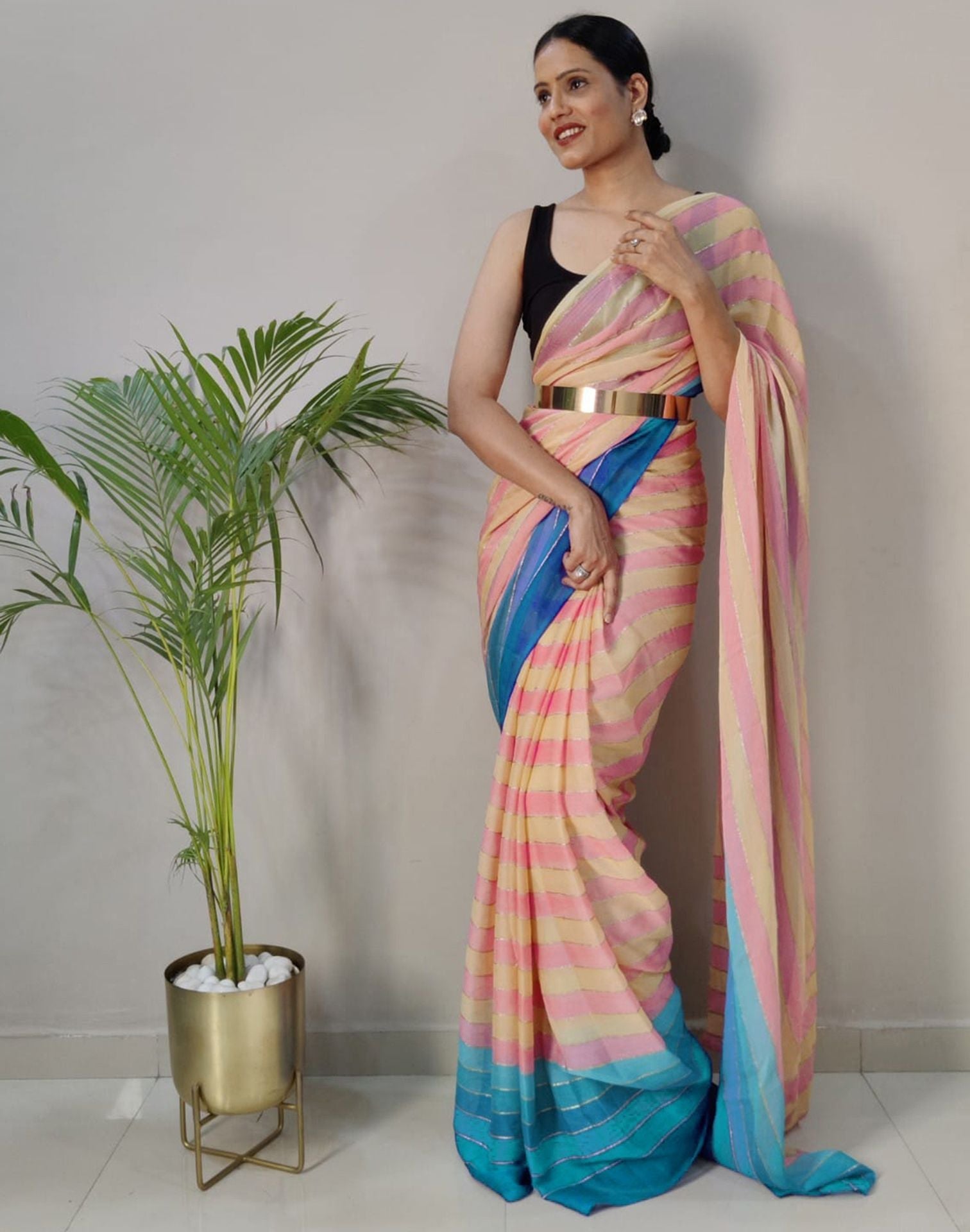Light Pink Printed Pre-draped Saree | Sudathi