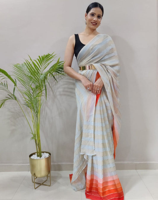Off White Printed Pre-draped Saree | Sudathi