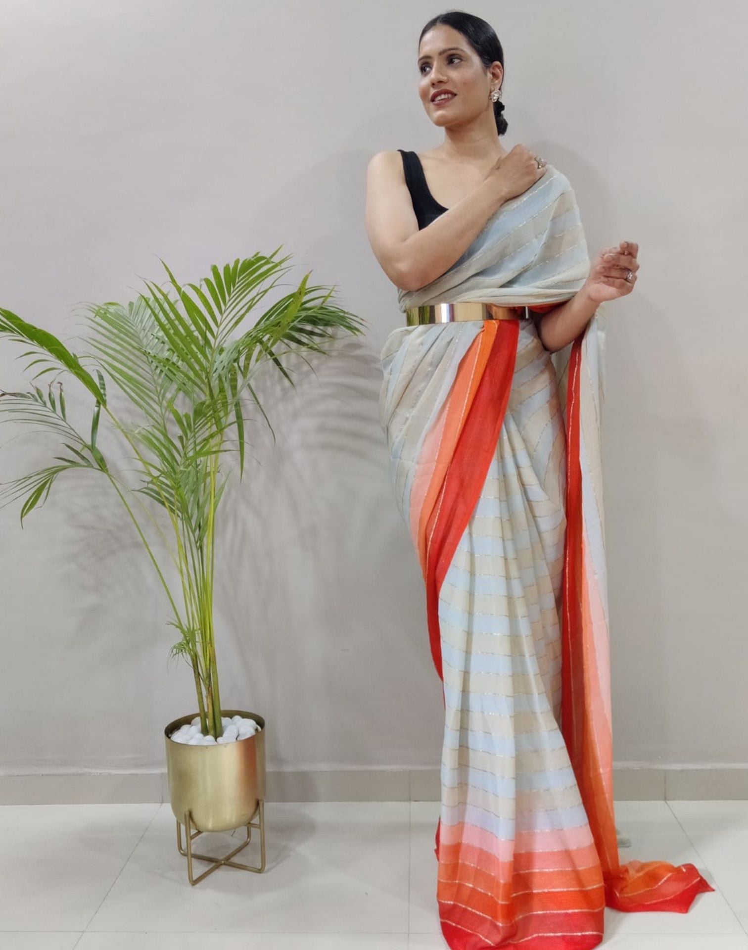 Off White Printed Pre-draped Saree | Sudathi