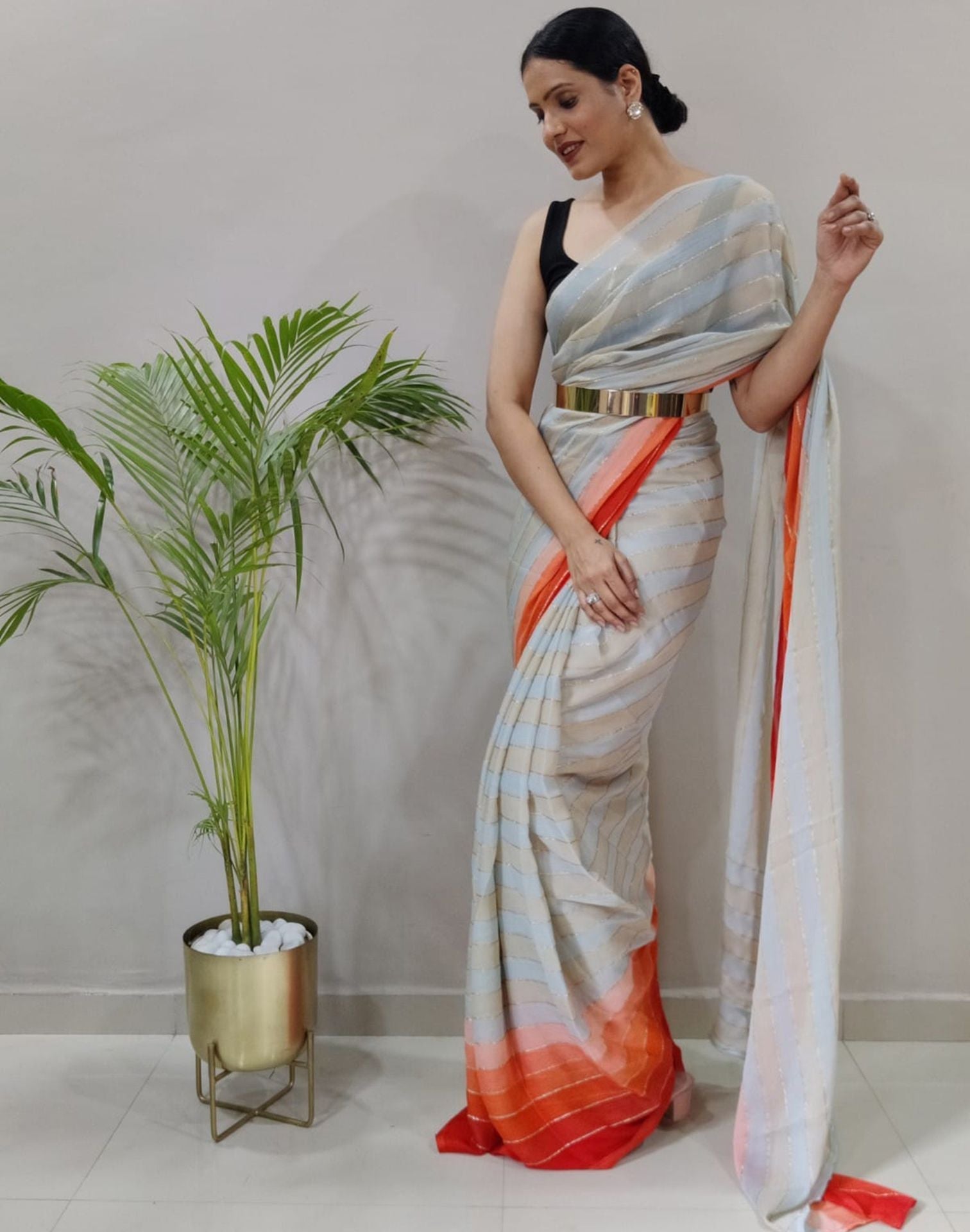 Off White Printed Pre-draped Saree | Sudathi