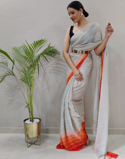 Off White Printed Pre-draped Saree | Sudathi