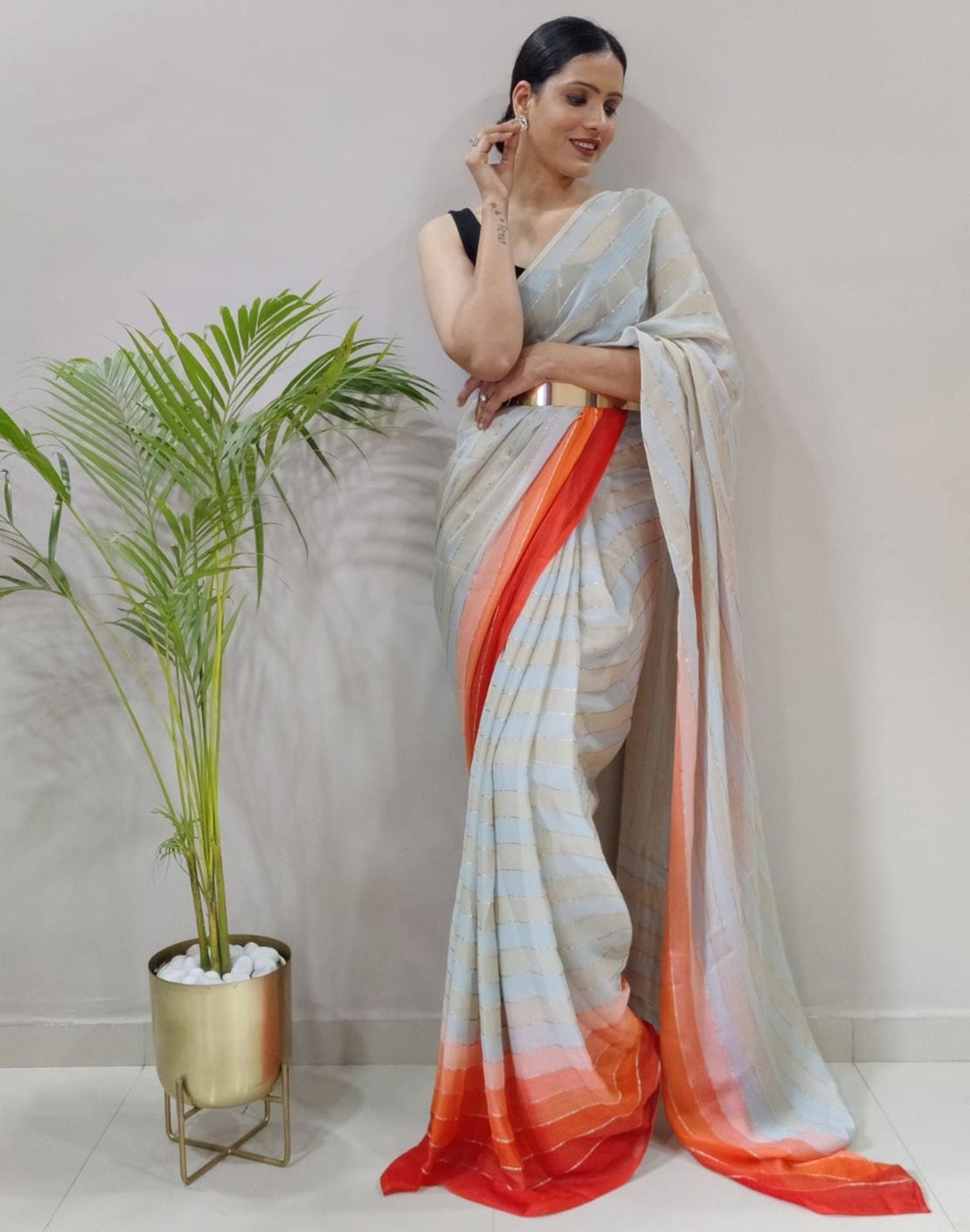 Off White Printed Pre-draped Saree | Sudathi