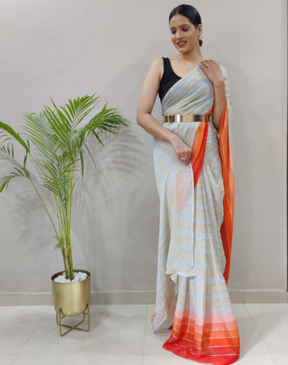 Off White Printed Pre-draped Saree | Sudathi