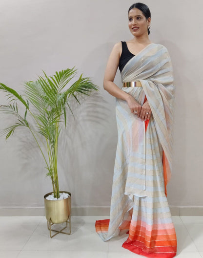 Off White Printed Pre-draped Saree | Sudathi